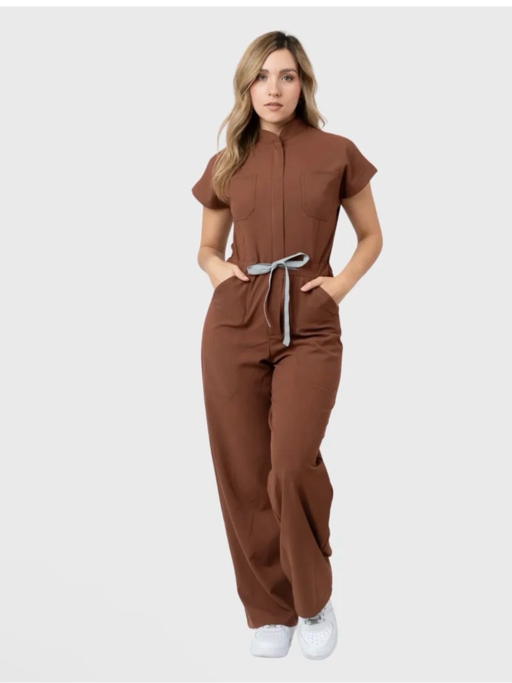 Wide-Leg Brown Jumpsuit with Tie Waist